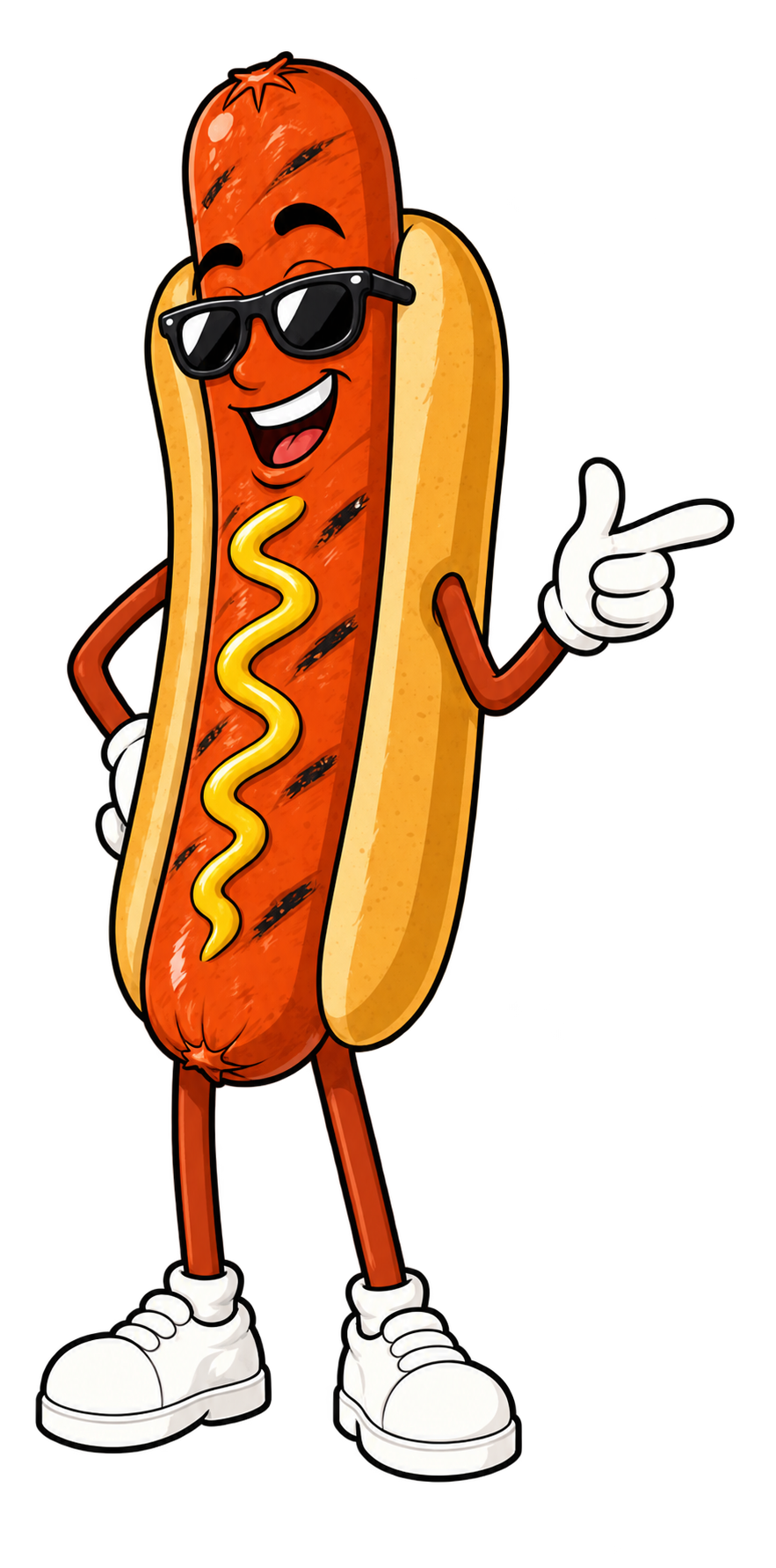 Mascota Crazy DogLab: un hotdog zâmbitor, cu ochelari de soare, care te invită la petrecere